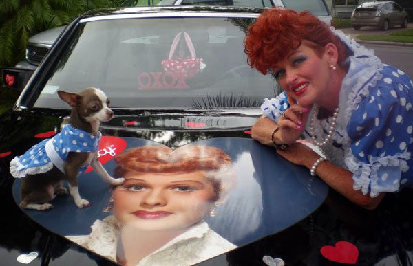 lista as lucille ball with lil bella lucy on their mercedes getting ready to appear in a parade!