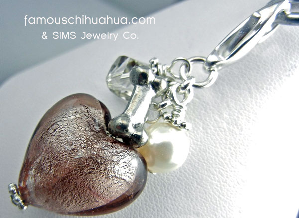 mauve glass heart dog bone pendant